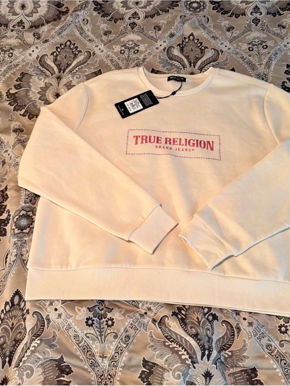 True Religion Cream Crewneck with Pink Logo and Rhinestone Trim